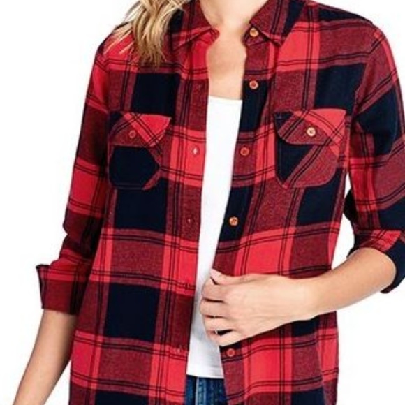 Blue Age Tops - Red Buffalo Plaid Flannel Long Sleeve Button Shirt